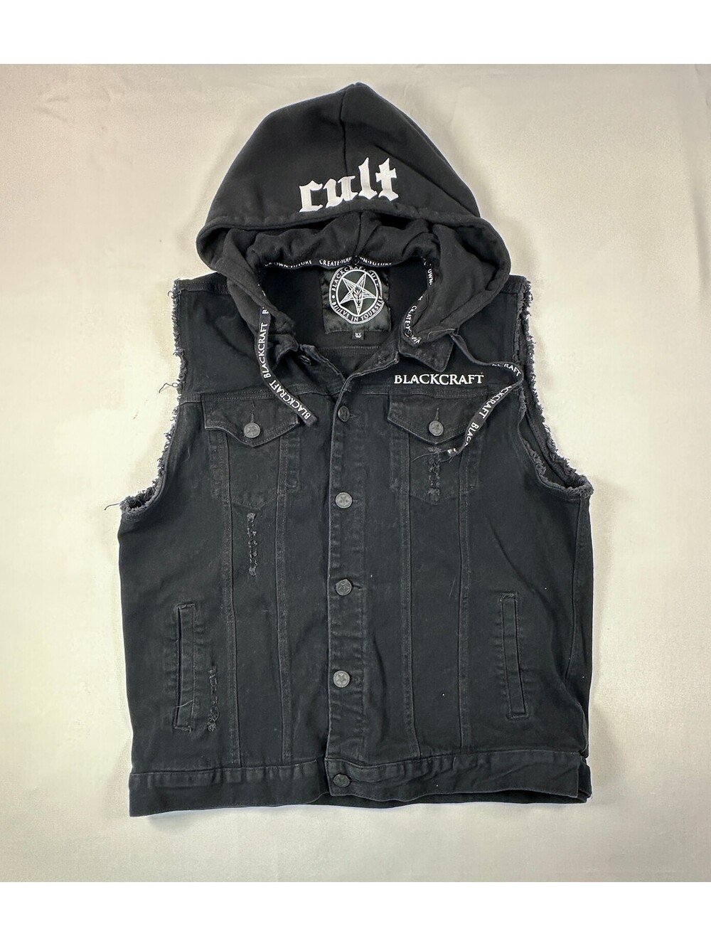 Black Craft Cult BCC Hooded Denim Vest Men's XL Grim Reaper Distressed Black